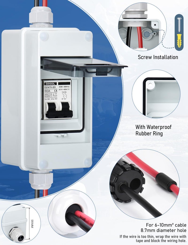DIHOOL Solar Panel Disconnect Switch with IP65 Din Box, 60 Amp Dual Pole 12V-400V, Non Polarized AC DC Miniature Circuit Breaker, PV Array Shut Off Isolator - Image 5